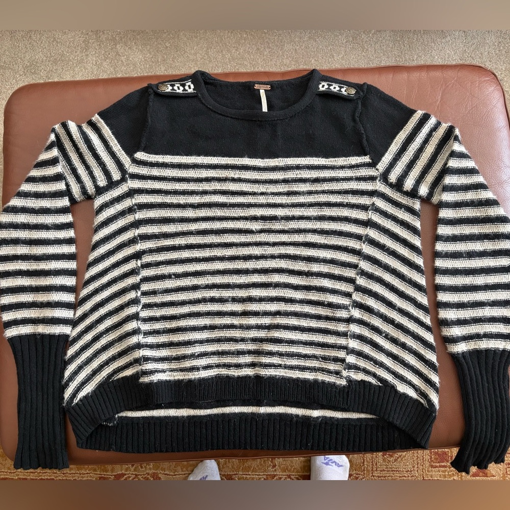 Free People Black and Cream Striped Sweater Size Small